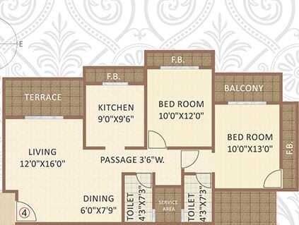 Floor plan of 2 BHK 1225 Sq. Ft. Apartment in Mega Atmaram Kene Residency, Thane