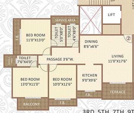 Floor plan of 3 BHK 1655 Sq. Ft. Apartment in Mega Atmaram Kene Residency, Thane