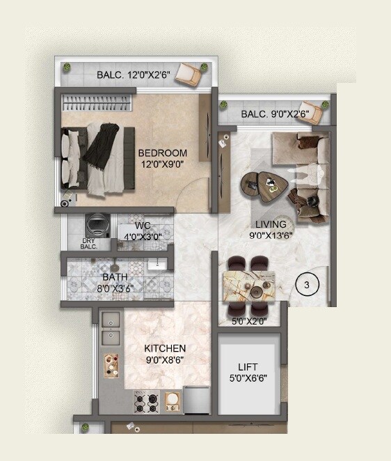 Floor plan of 1 BHK 344 Sq. Ft. Apartment in Mega Om Chandraprakash CHS, Thane