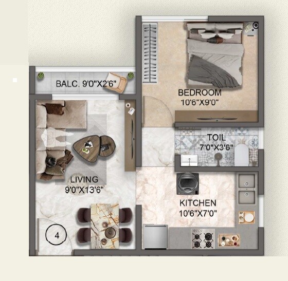 Floor plan of 1 BHK 439 Sq. Ft. Apartment in Mega Om Chandraprakash CHS, Thane