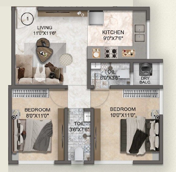 Floor plan of 2 BHK 468 Sq. Ft. Apartment in Mega Om Chandraprakash CHS, Thane