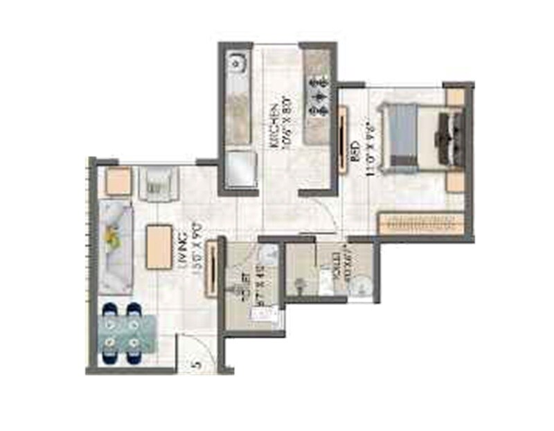 Floor plan of 1 BHK 463 Sq. Ft. Apartment in Mega Pearl, Thane