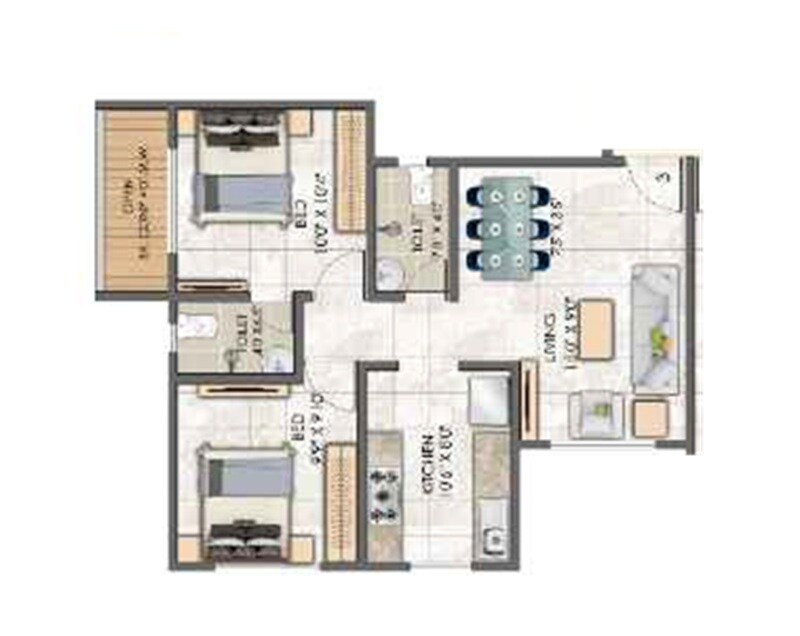Floor plan of 2 BHK 656 Sq. Ft. Apartment in Mega Pearl, Thane