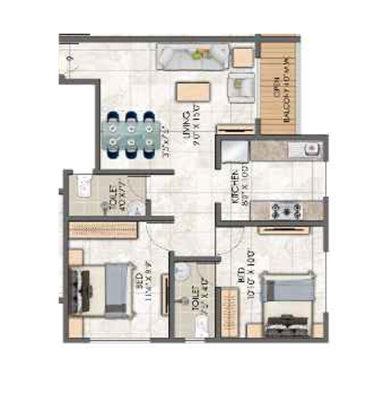 Floor plan of 2 BHK 680 Sq. Ft. Apartment in Mega Pearl, Thane