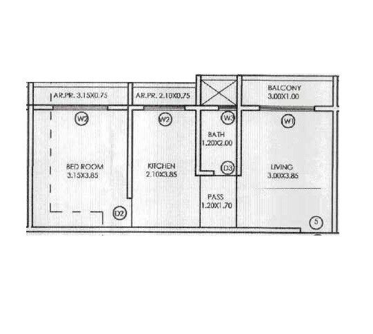 Floor plan of 1 BHK 408 Sq. Ft. Apartment in Mega Swayambhu CHS, Thane