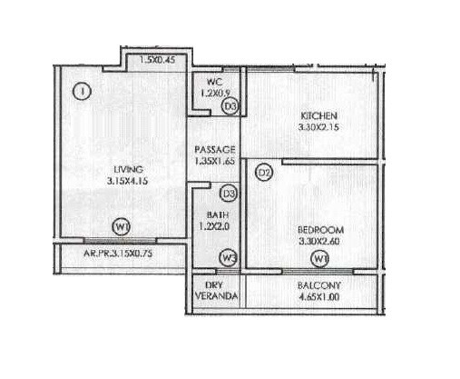 Floor plan of 1 BHK 420 Sq. Ft. Apartment in Mega Swayambhu CHS, Thane