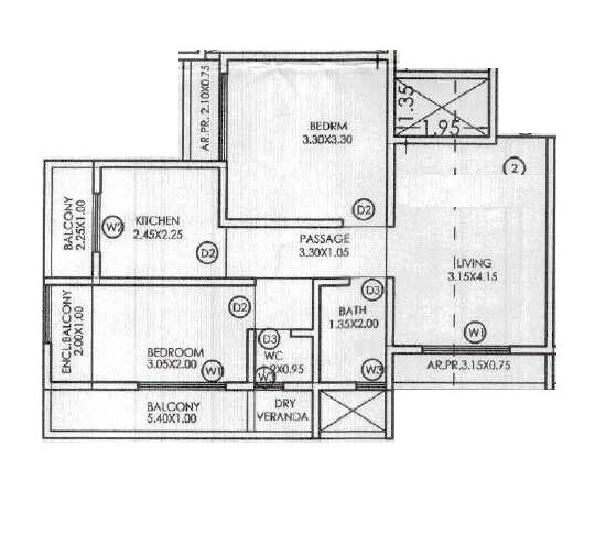 Floor plan of 2 BHK 567 Sq. Ft. Apartment in Mega Swayambhu CHS, Thane