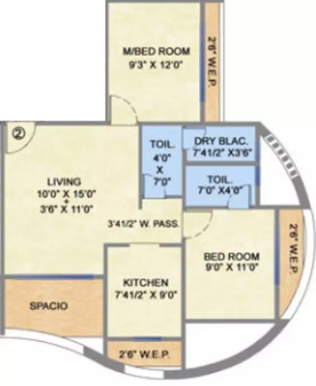 Floor plan of 2 BHK 536 Sq. Ft. Apartment in Mehta Amrut Pearl, Thane
