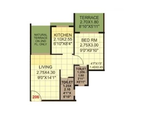 Floor plan of 1 BHK 428 Sq. Ft. Apartment in Metro Aangan, Thane