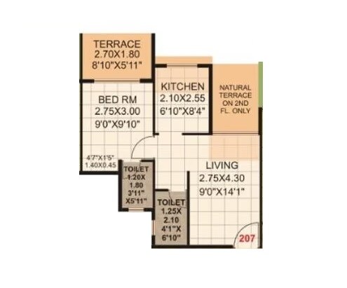 Floor plan of 1 BHK 537 Sq. Ft. Apartment in Metro Aangan, Thane