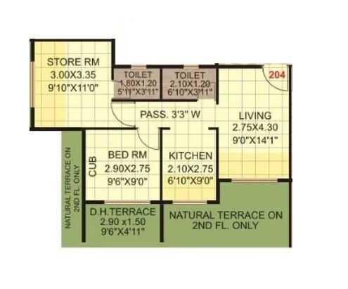 Floor plan of 2 BHK 585 Sq. Ft. Apartment in Metro Aangan, Thane