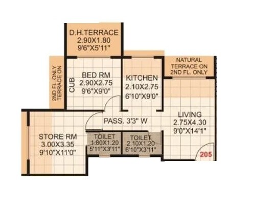Floor plan of 2 BHK 654 Sq. Ft. Apartment in Metro Aangan, Thane