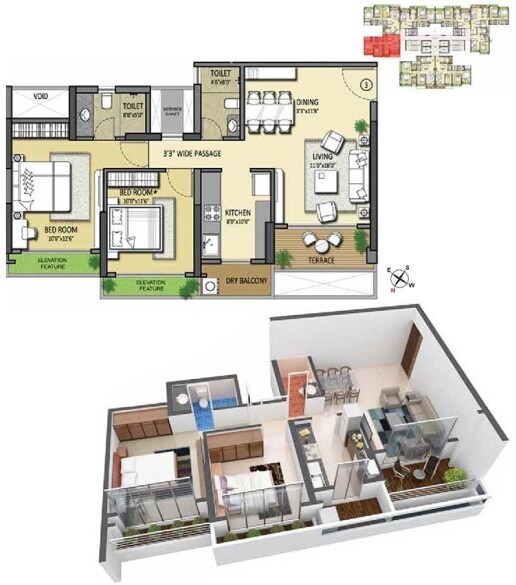 Floor plan of 2 BHK 864 Sq. Ft. Apartment in Metro Grande, Thane