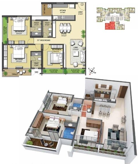Floor plan of 3 BHK 1044 Sq. Ft. Apartment in Metro Grande, Thane