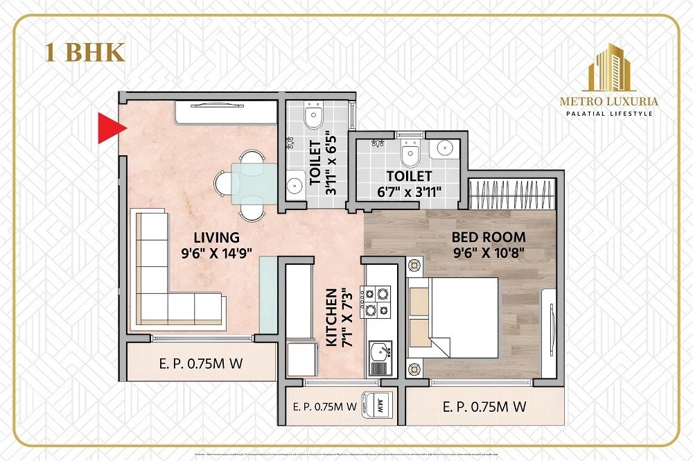 Floor plan of 1 BHK 506 Sq. Ft. Apartment in Metro Luxuria, Thane