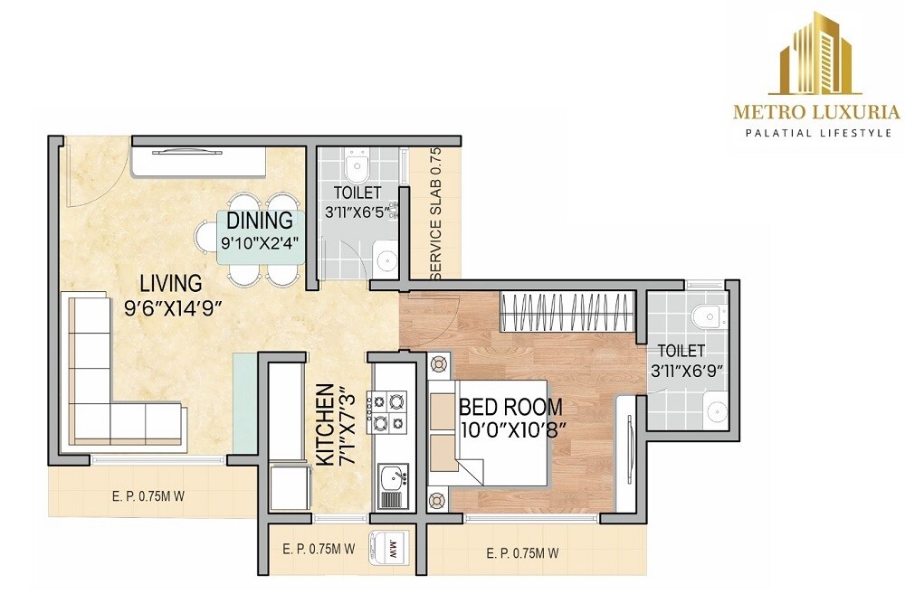 Floor plan of 1 BHK 481 Sq. Ft. Apartment in Metro Luxuria, Thane