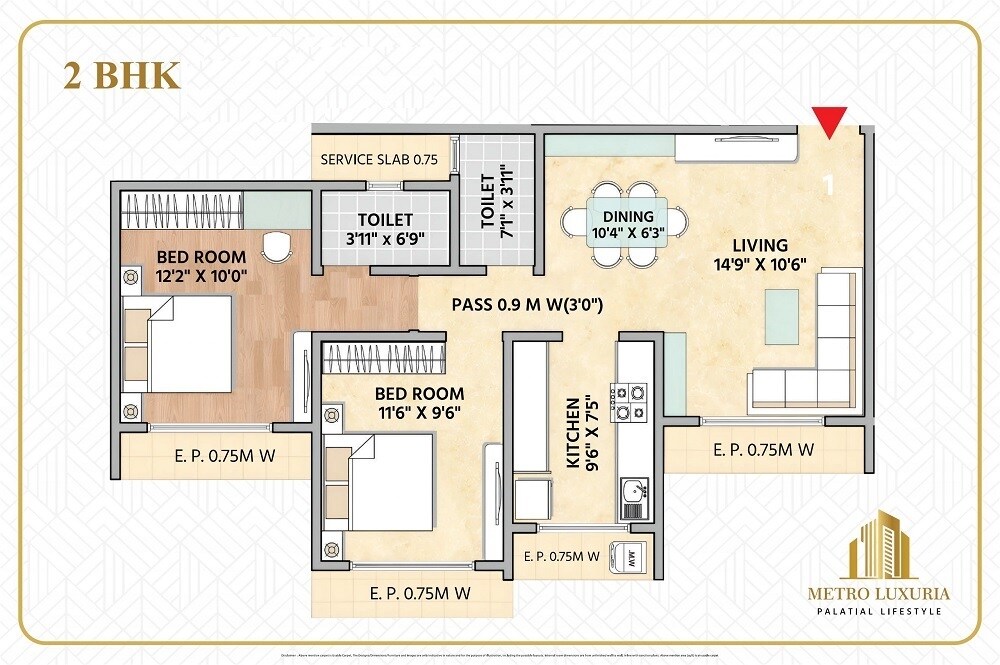 Floor plan of 2 BHK 752 Sq. Ft. Apartment in Metro Luxuria, Thane