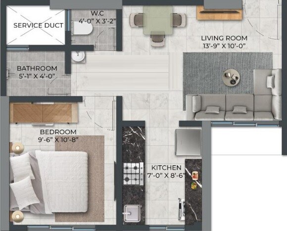Floor plan of 1 BHK 320 Sq. Ft. Apartment in Metropolis Bayside, Thane