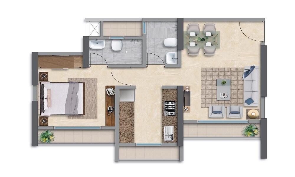 Floor plan of 1 BHK 443 Sq. Ft. Apartment in Metropolis Rivera, Thane