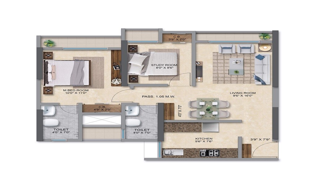 Floor plan of 2 BHK 581 Sq. Ft. Apartment in Metropolis Rivera, Thane