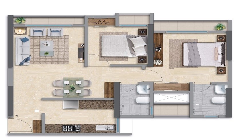 Floor plan of 2 BHK 601 Sq. Ft. Apartment in Metropolis Rivera, Thane