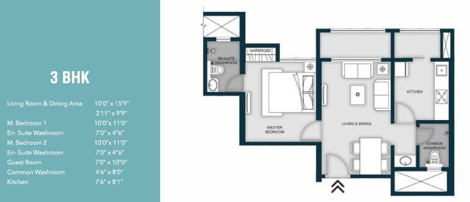 Floor plan of 3 BHK 778 Sq. Ft. Apartment in MICL Aaradhya Highpark Project 2 Of Phase 1, Thane