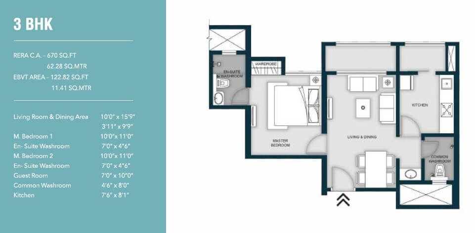 Floor plan of 3 BHK 670 Sq. Ft. Apartment in MICL Monteverde, Thane