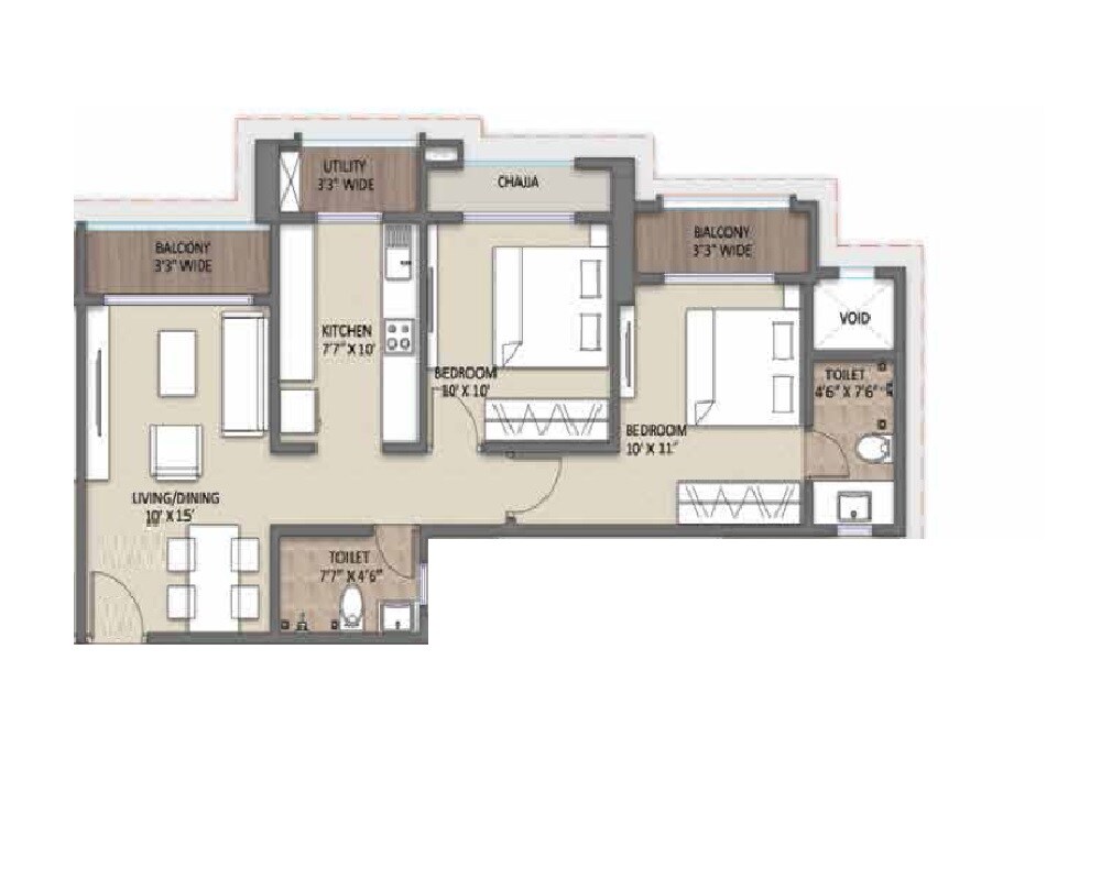 Floor plan of 2 BHK 705 Sq. Ft. Apartment in Midtown Adam, Thane