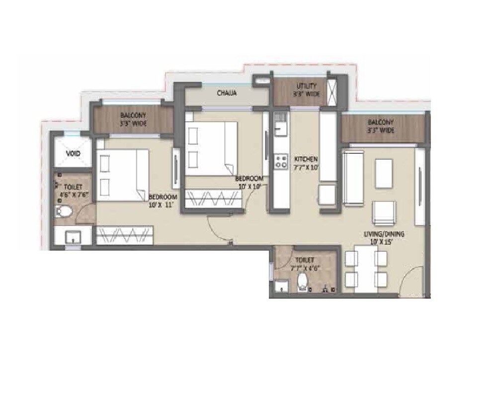 Floor plan of 2 BHK 595 Sq. Ft. Apartment in Midtown Adam, Thane