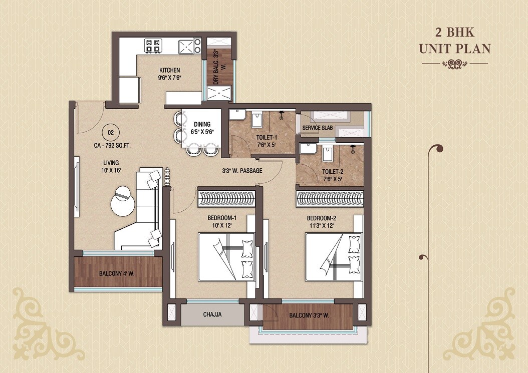 Floor plan of 2 BHK 792 Sq. Ft. Apartment in Midtown W90, Thane
