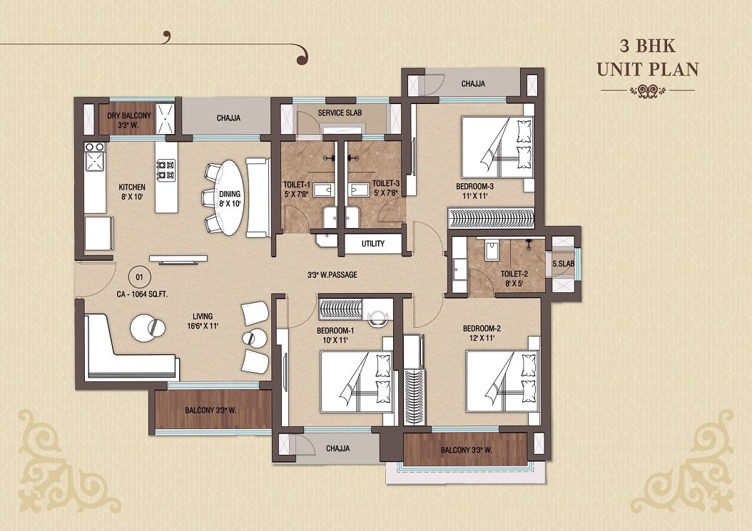 Floor plan of 3 BHK 1100 Sq. Ft. Apartment in Midtown W90, Thane