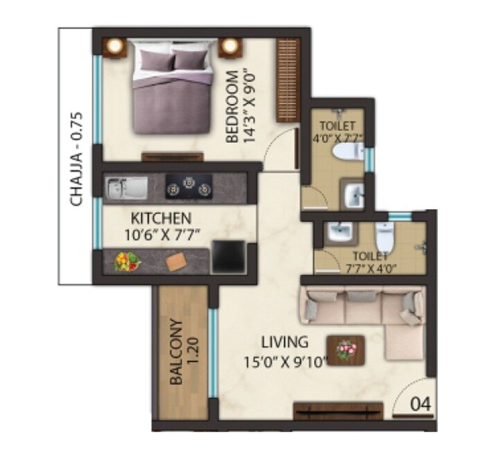 Floor plan of 1 BHK 513 Sq. Ft. Apartment in Milan The Millenia, Thane