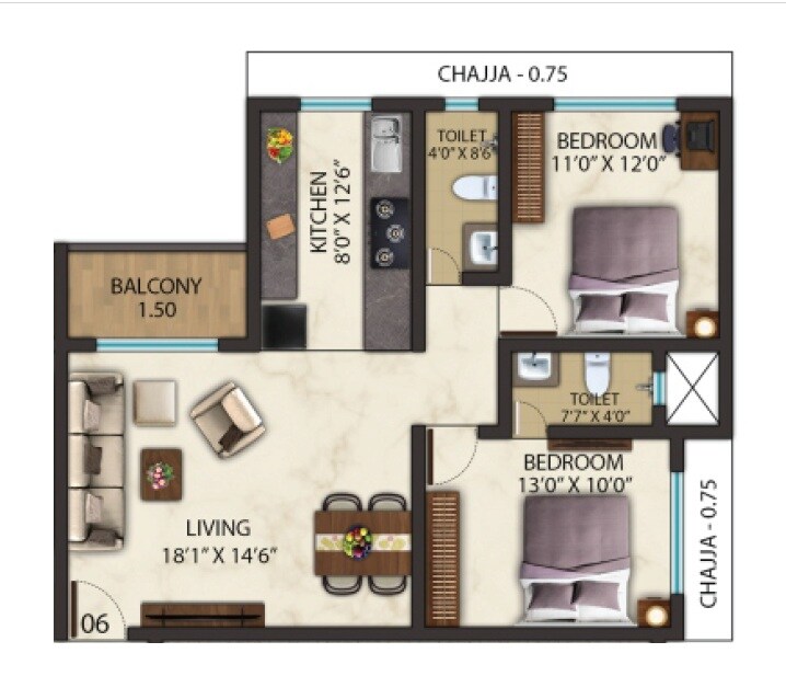 Floor plan of 2 BHK 607 Sq. Ft. Apartment in Milan The Millenia, Thane
