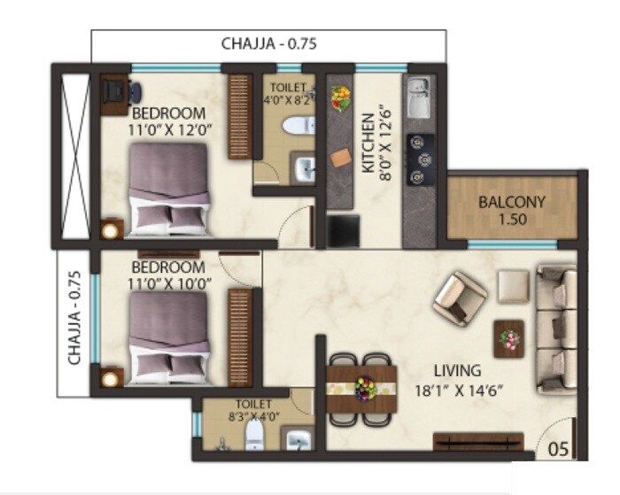 Floor plan of 2 BHK 812 Sq. Ft. Apartment in Milan The Millenia, Thane