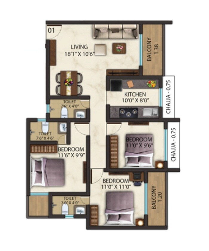 Floor plan of 3 BHK 973 Sq. Ft. Apartment in Milan The Millenia, Thane