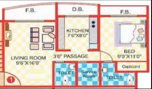 Floor plan of 1 BHK 665 Sq. Ft. Apartment in Mithila Suncity, Thane