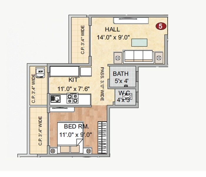 Floor plan of 1 BHK 459 Sq. Ft. Apartment in Mitra Jay Ramdarshan CHS, Thane
