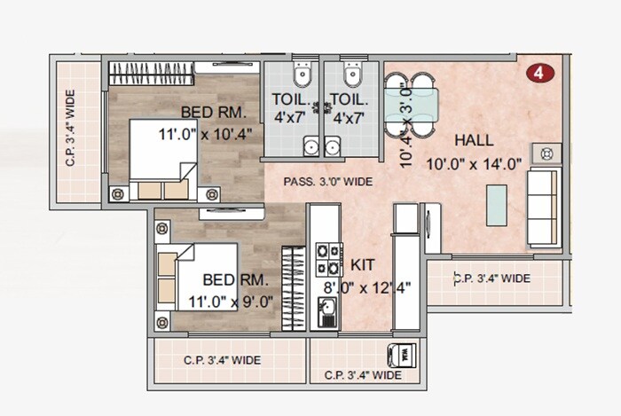 Floor plan of 2 BHK 711 Sq. Ft. Apartment in Mitra Jay Ramdarshan CHS, Thane