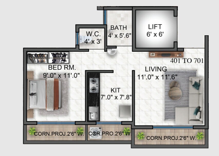 Floor plan of 1 BHK 473 Sq. Ft. Apartment in Mitra Sai Girnar CHS, Thane