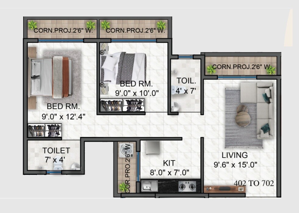 Floor plan of 2 BHK 700 Sq. Ft. Apartment in Mitra Sai Girnar CHS, Thane