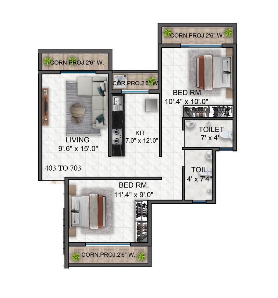 Floor plan of 2 BHK 772 Sq. Ft. Apartment in Mitra Sai Girnar CHS, Thane
