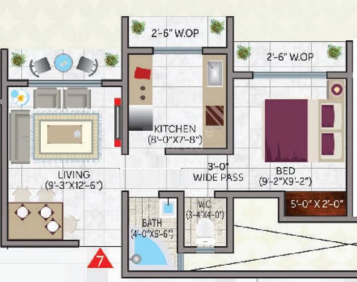 Floor plan of 1 BHK 335 Sq. Ft. Apartment in MM Sai Platinum Residency, Thane