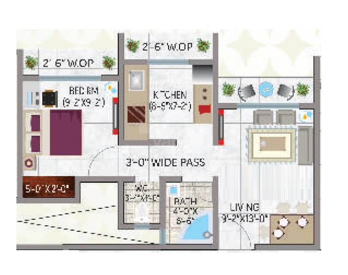 Floor plan of 1 BHK 359 Sq. Ft. Apartment in MM Sai Platinum Residency, Thane