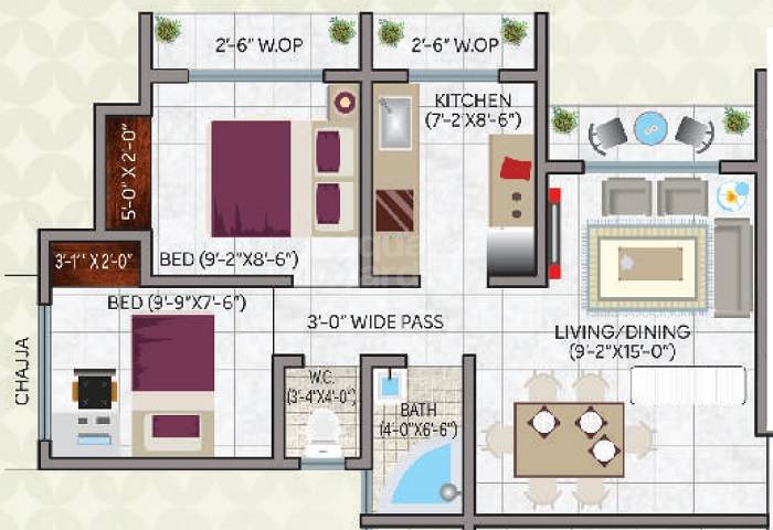 Floor plan of 2 BHK 461 Sq. Ft. Apartment in MM Sai Platinum Residency, Thane