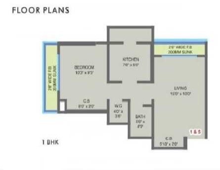 Floor plan of 1 BHK 377 Sq. Ft. Apartment in MM Valley, Thane