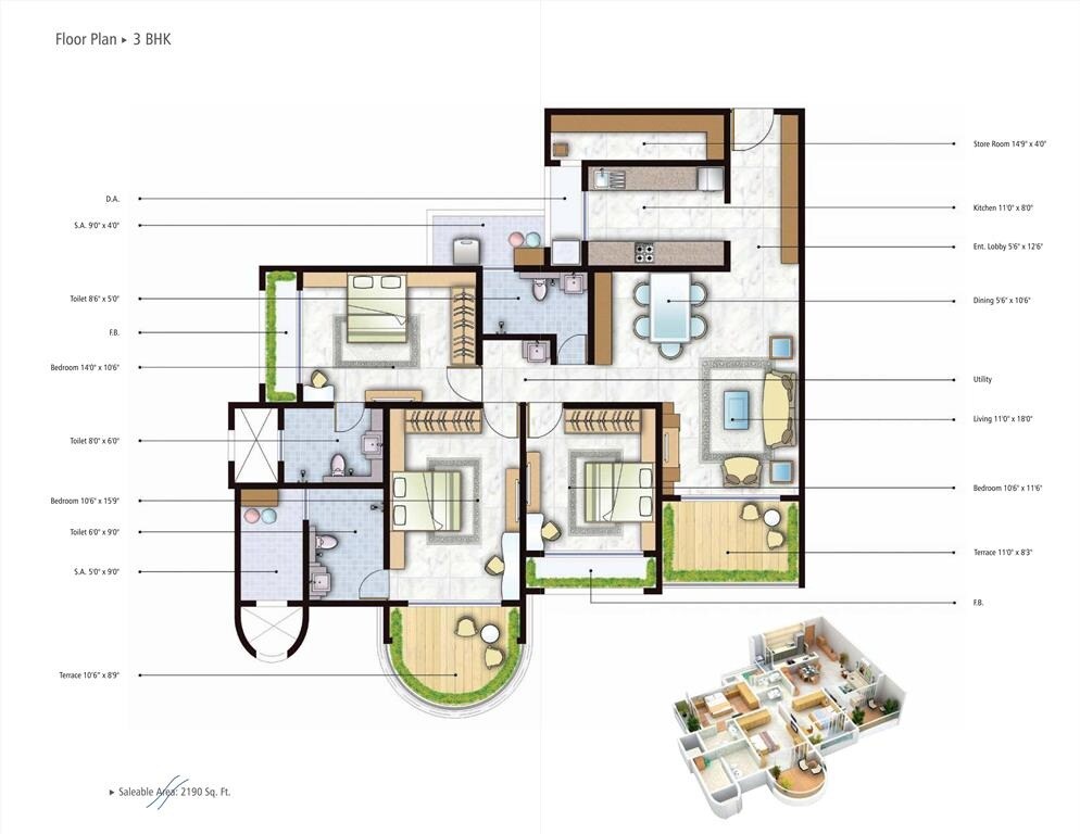 3 BHK 827 Sq. Ft. Apartment