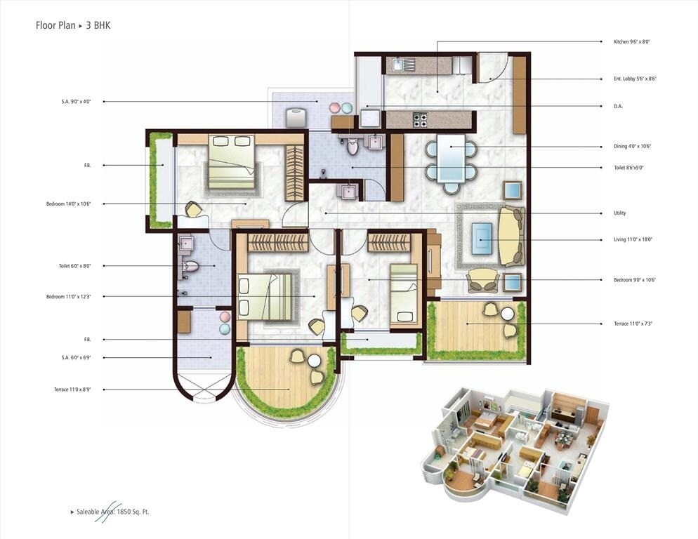 Floor plan of 3 BHK 707 Sq. Ft. Apartment in Mohan Altezza Phase 2, Thane