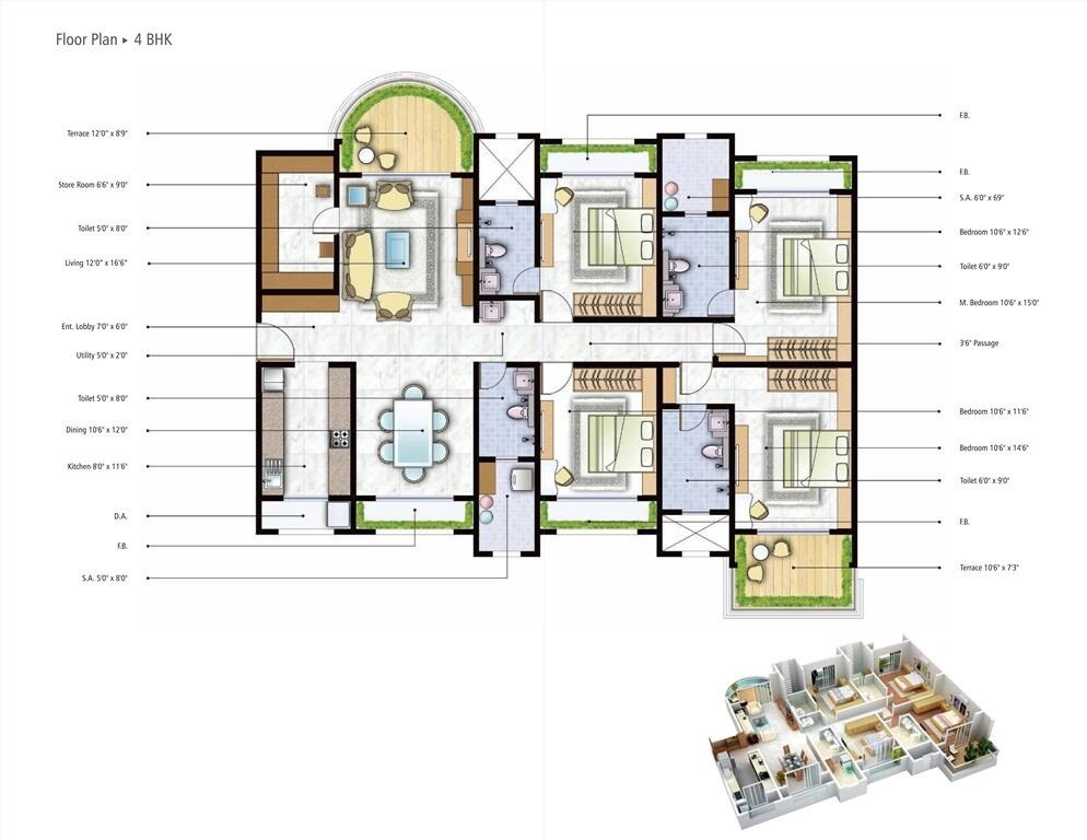 Floor plan of 4 BHK 1174 Sq. Ft. Apartment in Mohan Altezza Phase 2, Thane