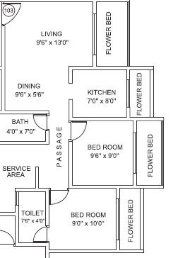 Floor plan of 2 BHK 1045 Sq. Ft. Apartment in Mohan Highlands, Thane