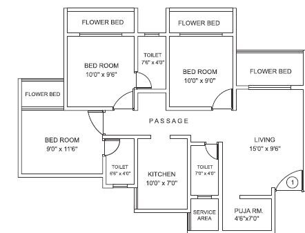 Floor plan of 3 BHK 1280 Sq. Ft. Apartment in Mohan Highlands, Thane